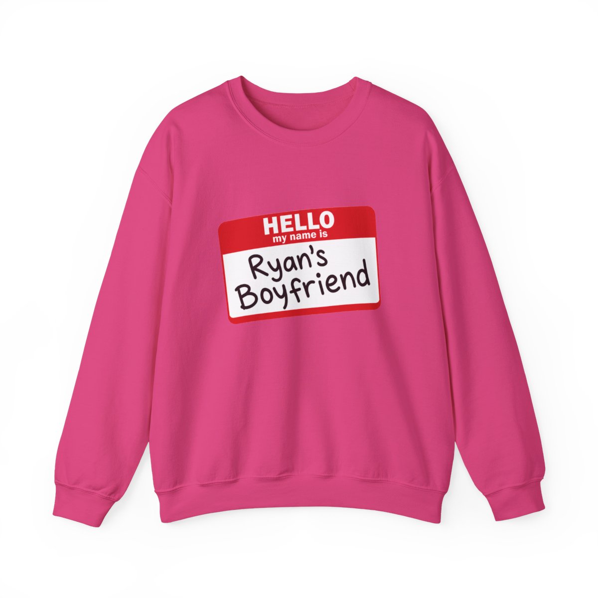 A pale blue featuring a red name tag that says "HELLO, Ryan's Boyfriend" in black. The shirt has a crew neck and short sleeves - Official Sweatshirts merchandise