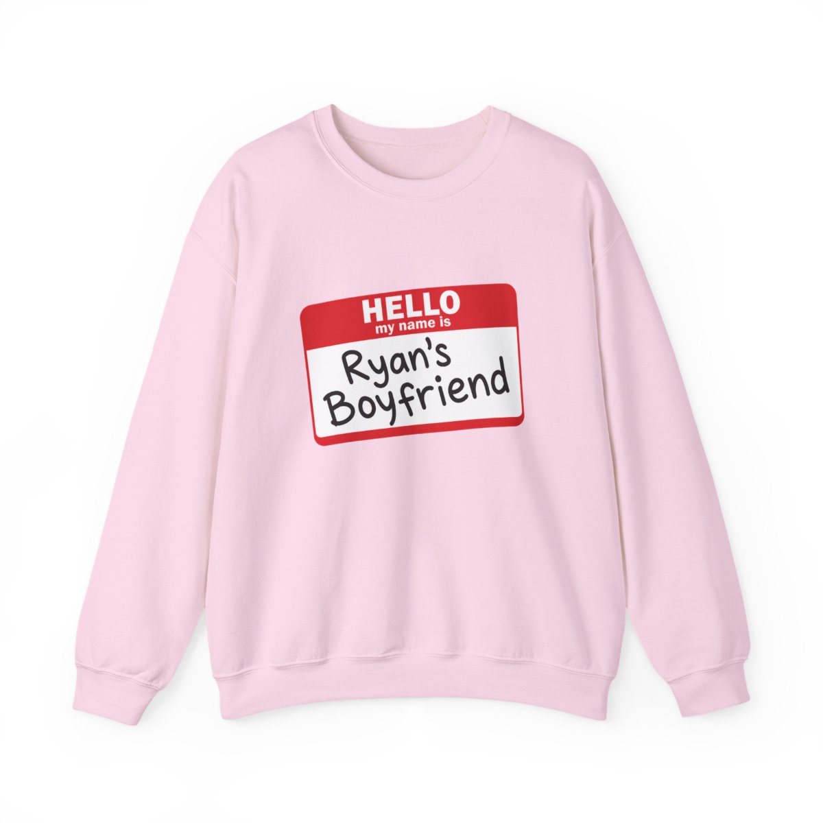 A pale blue featuring a red name tag that says "HELLO, Ryan's Boyfriend" in black. The shirt has a crew neck and short sleeves - alternate angle 2, merchandise