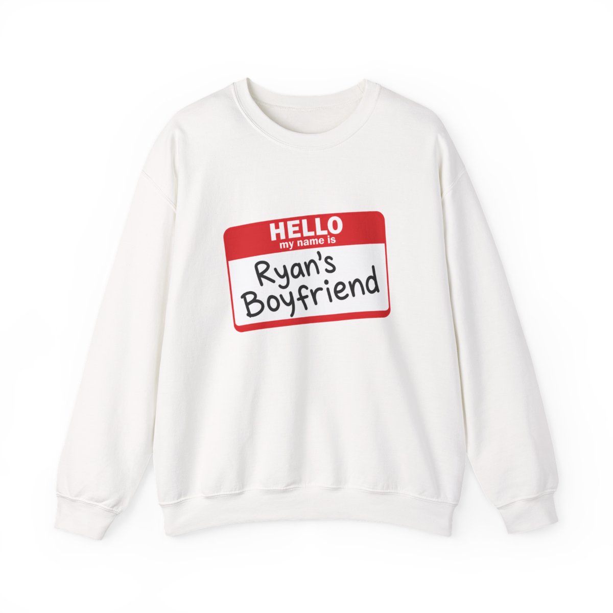 A pale blue featuring a red name tag that says "HELLO, Ryan's Boyfriend" in black. The shirt has a crew neck and short sleeves