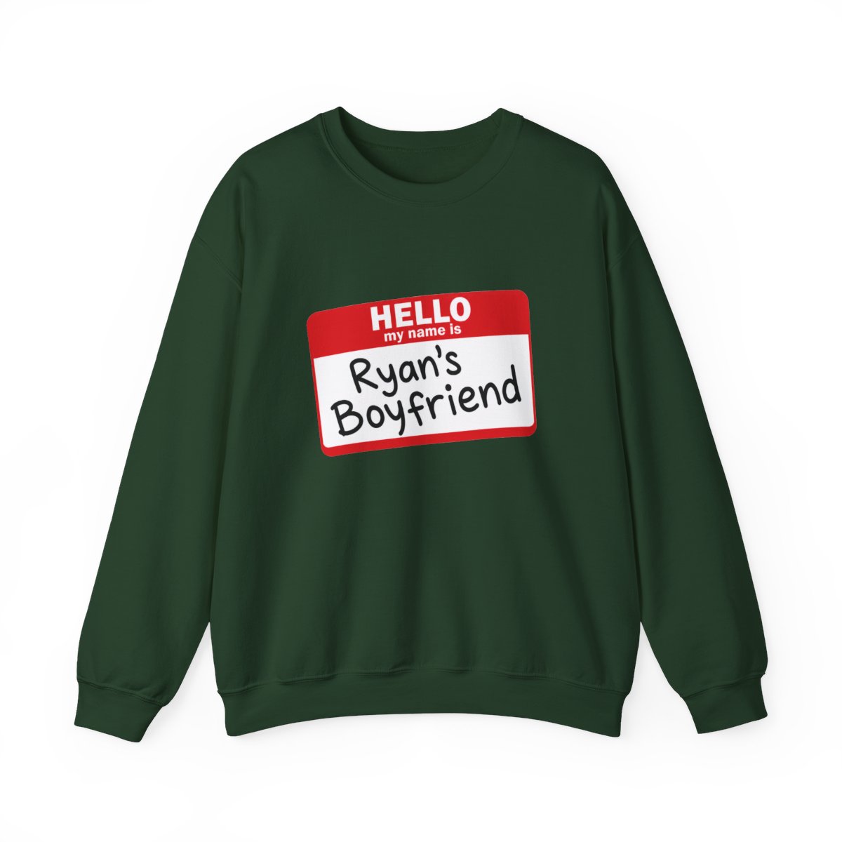 A pale blue featuring a red name tag that says "HELLO, Ryan's Boyfriend" in black. The shirt has a crew neck and short sleeves