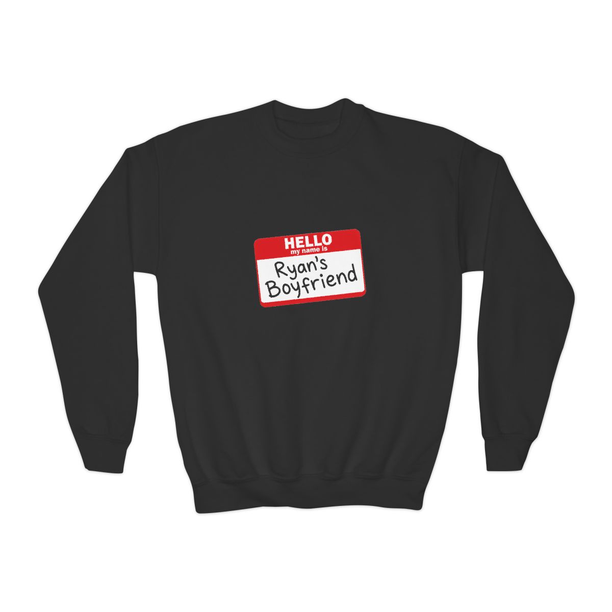 A pale blue featuring a red name tag that says "HELLO, Ryan's Boyfriend" in black. The shirt has a crew neck and short sleeves (Kids)